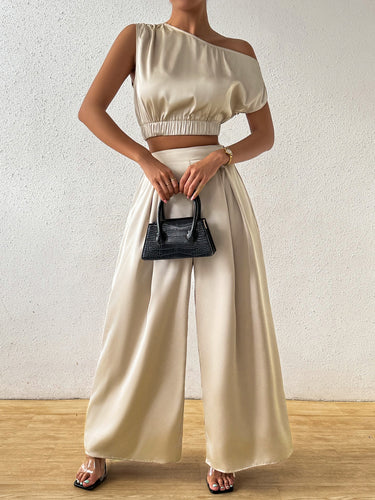 Honey One Shoulder Short Sleeve Top and Wide Leg Pants Set