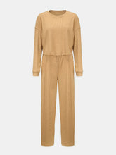 Waffle-Knit Round Neck Top and Pants Set
