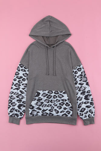 Leopard Drawstring Hoodie with Kangaroo Pocket