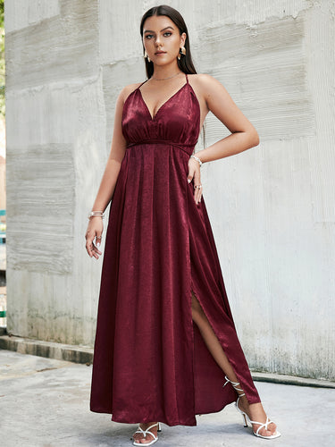 Plus Size Crisscross Side Split Plunge Velvet Maxi Dress