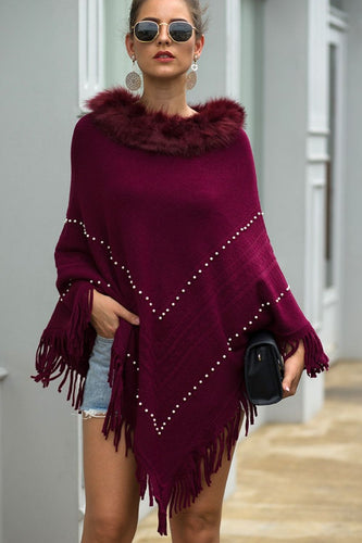 Faux Fur Trim Bead Fringe Hem Poncho